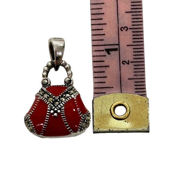Women’s Pendant Red Enamel Purse Sterling Silver 925 Vintage Marcasite Stones - Picture 15 of 15